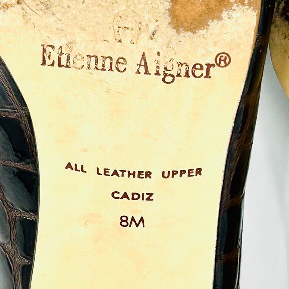 Vintage 90s Etienne Aigner Dark Brown Croc Embossed Leather Block Heel Pumps - Picture 9 of 9